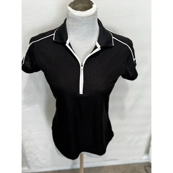 Slazenger golf shirt womens Sz S Black White Trim Short Sleeve Polo Zippered Fro - Picture 2 of 7